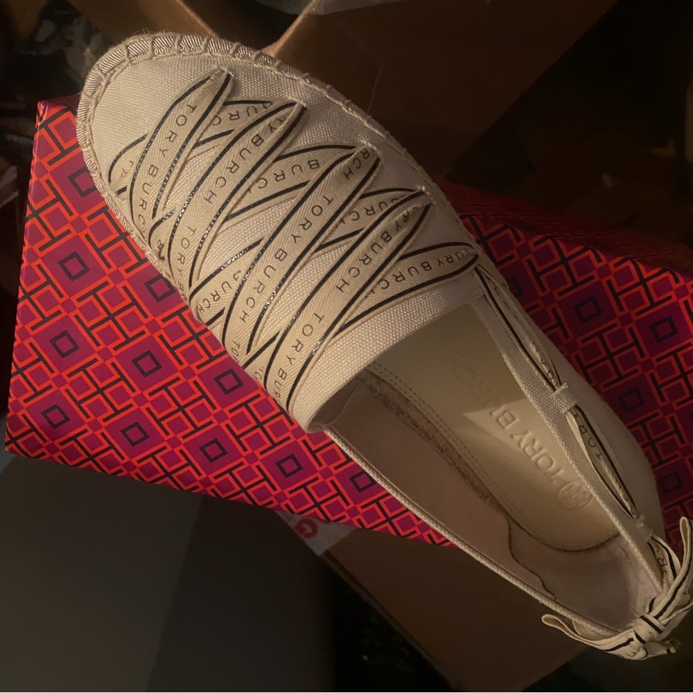 New TORY BURCH Canvas Espadrille Shoes US10.5 UK8 EU41 Logo Tie